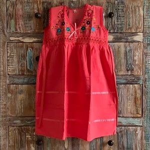 Coral Girls Mexican Dress Hand Embroidered.